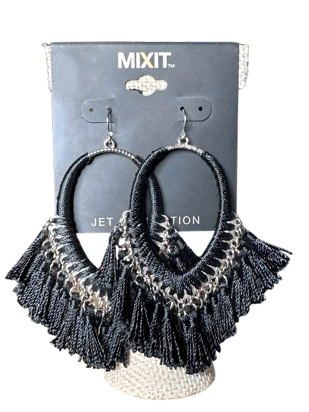 5/$25 😻 MIXIT Black Fringe Hoop Earrings with Silver Chain Accents